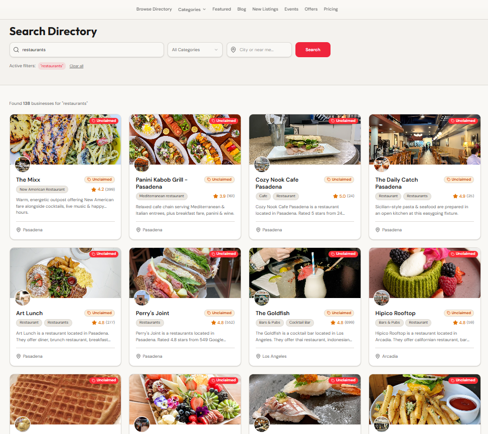 LDAI local business directory search results showing restaurants, ratings, and unclaimed listings