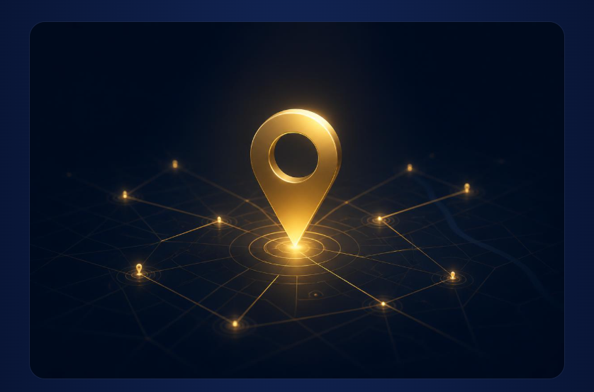 Glowing gold location pin connecting local businesses across a city network